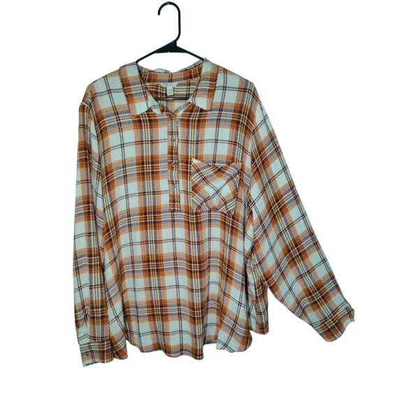 Cato Tops - Cato Orange White Plaid Long Sleeve Popover Shirt W Gold Threading 22/24W